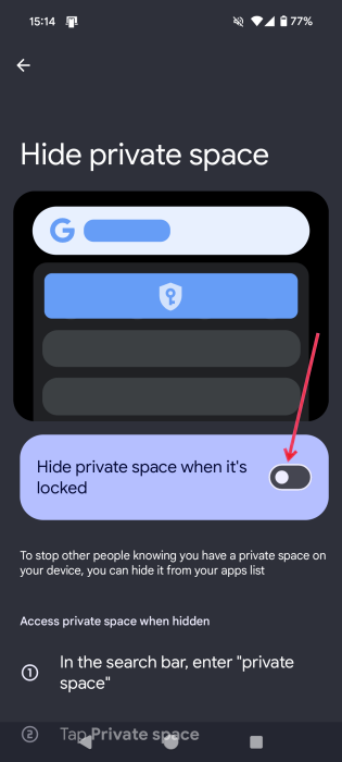 Turning on toggle for "Hide private space when it's locked" on Android.