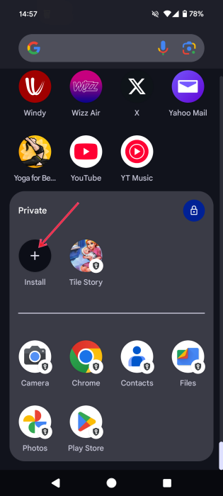 Pressing Install button from inside Private Space on Android.