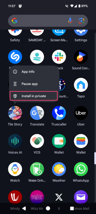 Tapping on "Install in private" option for app in App Drawer on Android. 