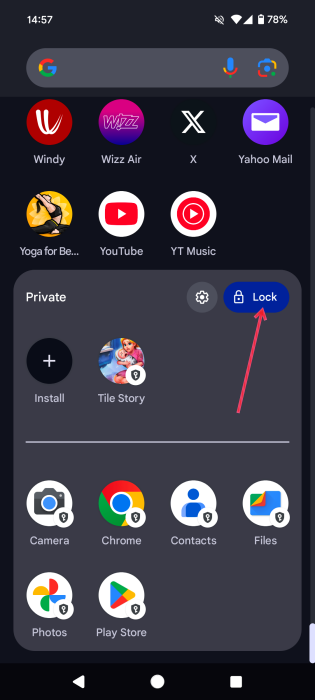 Locking Private Space after adding app on Android.