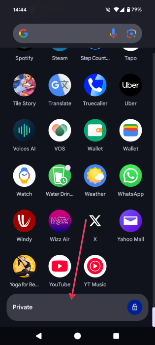 Tapping on Private in Android App Drawer. 