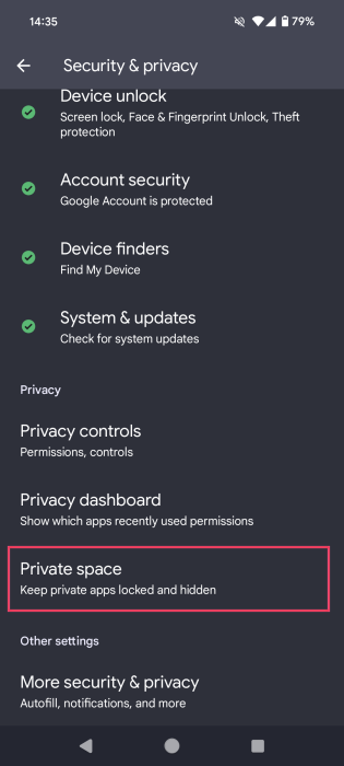 Tapping on "Private space" option in Android Settings. 