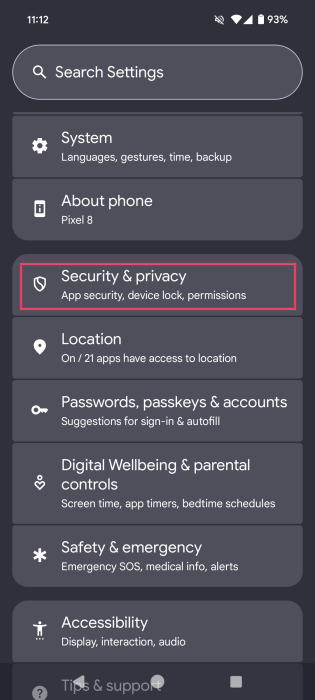 Tapping on "Security & privacy" option in Android Settings app. 