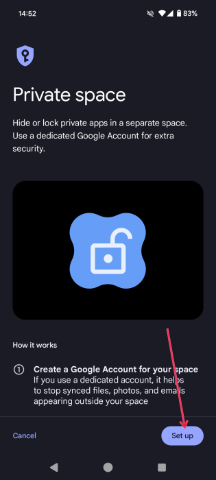 Tapping on "Set up" button in Android Private Space.