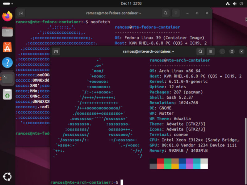 A screenshot showing Ubuntu running two different distros inside it.