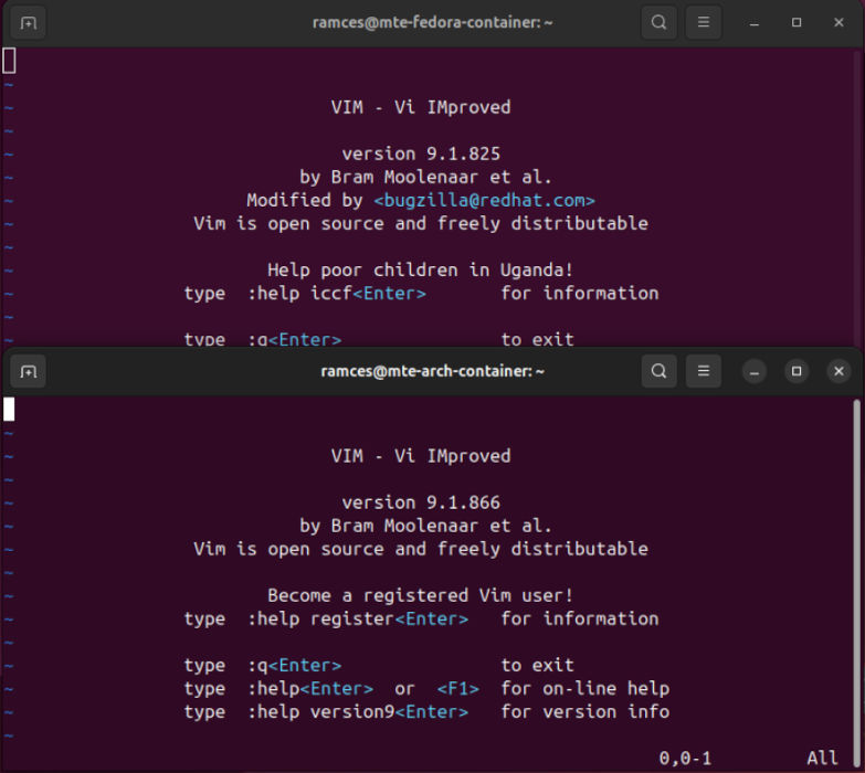 A screenshot showing two versions of Vim running on two Distrobox instances.