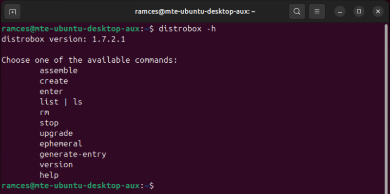 A terminal showing Distrobox help screen.
