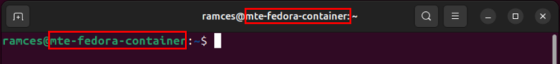 A terminal highlighting the different system hostname inside the Distrobox instance.
