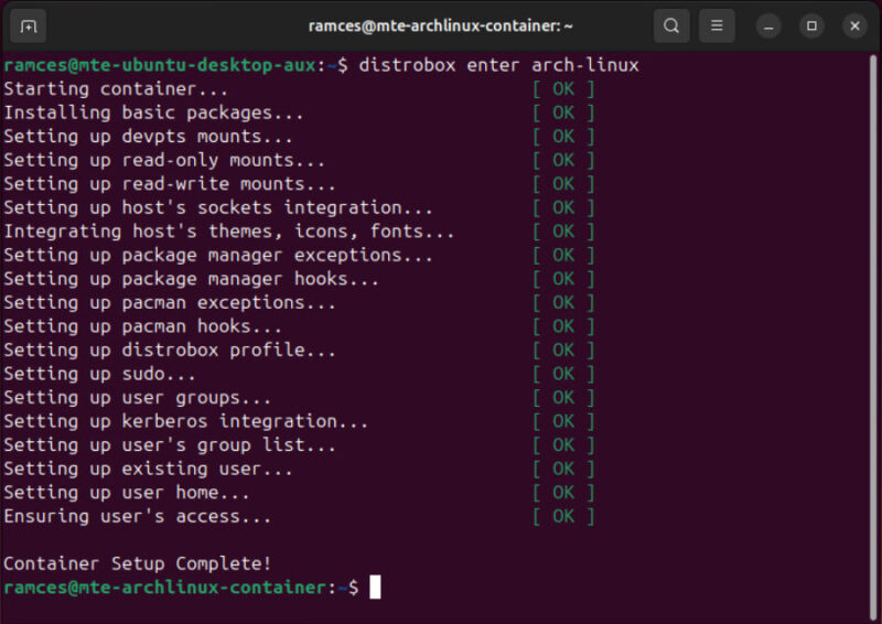 A terminal showing the process of entering a newly spawned Distrobox instance.