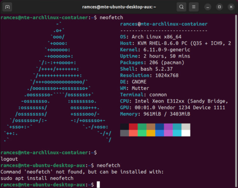 A terminal showing the program isolation between the Arch Linux Distrobox and the Ubuntu host system.