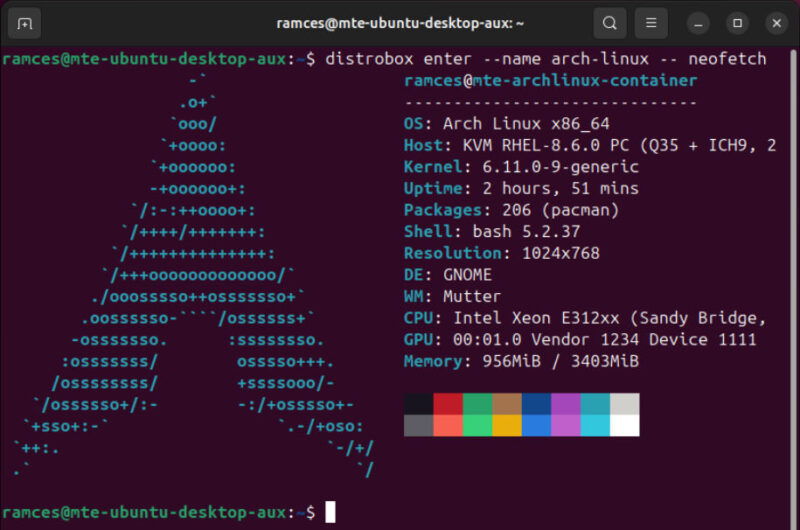 A terminal showing the neofetch program inside the Arch Linux instance running on the Ubuntu host.