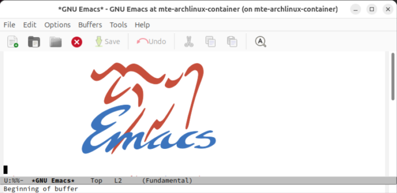 A screenshot showing the Emacs GUI client running inside the Arch Linux Distrobox instance.
