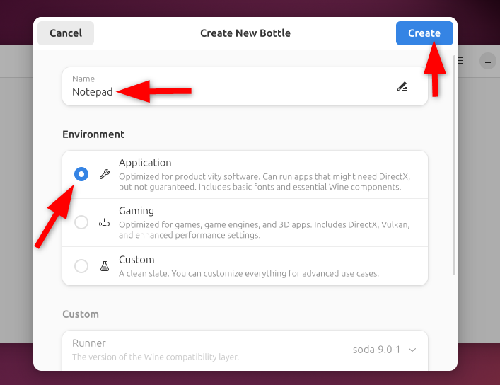 Specifying Information Of New Bottles for creating Windows application environment.