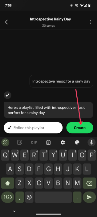 Pressing the "Create" button in Spotify app to start generating AI playlist.