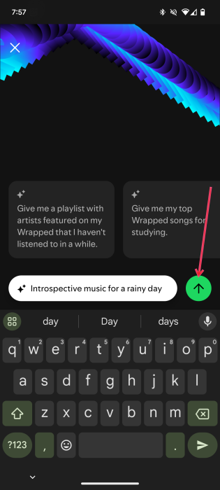 Entering prompt to generate AI playlist in the Spotify app. 