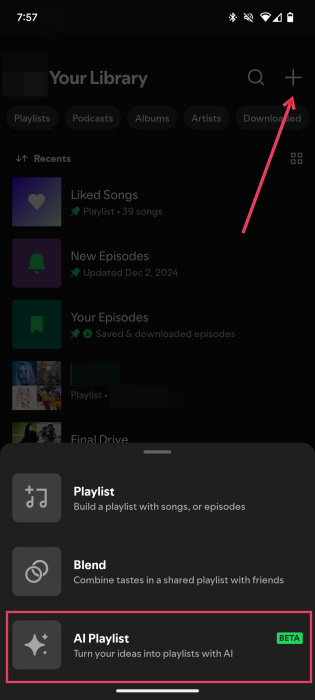 Selecting "AI Playlist" option in Spotify app. 