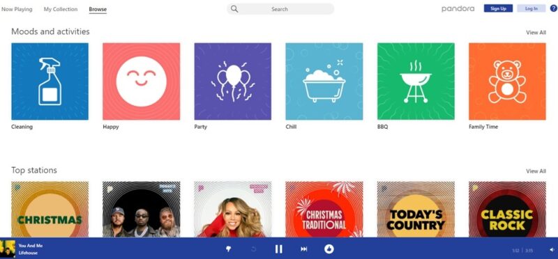 Using Pandora to stream music free with top stations and moods.