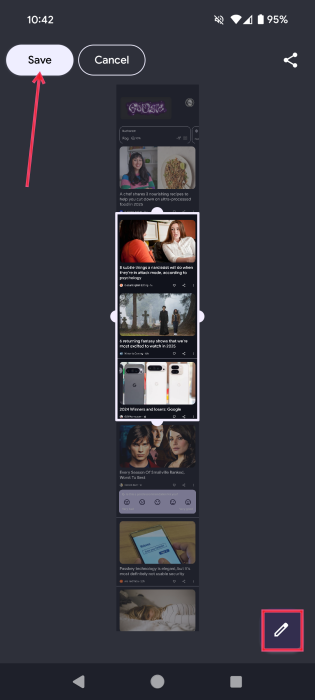 Selecting scrolling screenshot area on Android phone. 