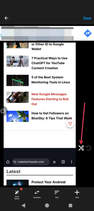 Tapping scissor icon to start editing long screenshot in ScreenMaster app. 