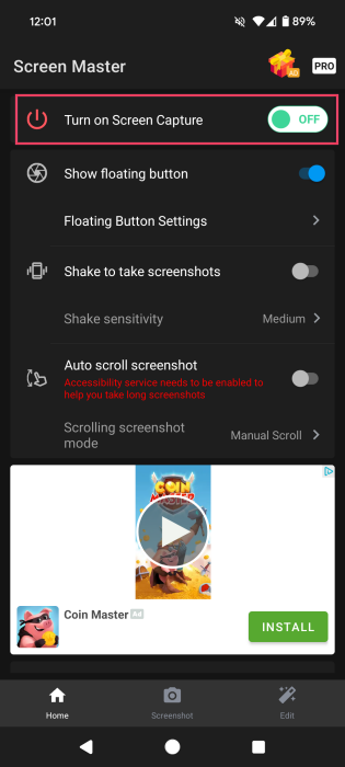 Tapping on "Turn on Screen Capture" option in ScreenMaster app on Android.