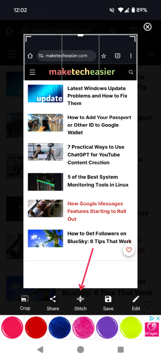 Tapping Stitch button in ScreenMaster app on Android. 