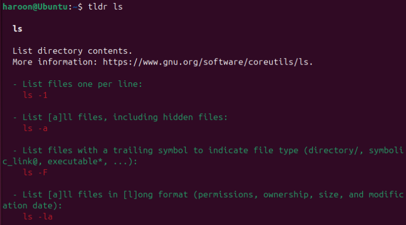 Viewing ls command information including its example using the tldr Command.