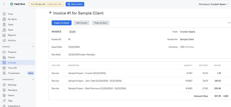 Tmetric Review Invoice