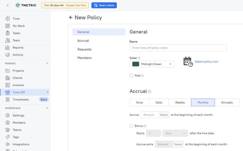 Setting up a time off policy.