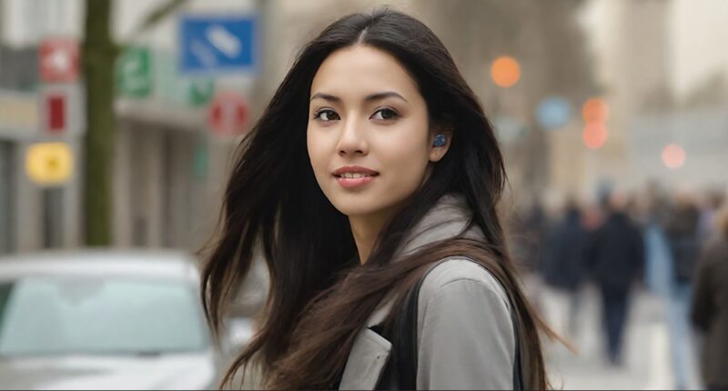 Woman using TOZO NC9 earbuds in a busy city.