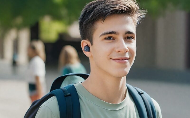 Student wearing TOZO NC9 earbuds.