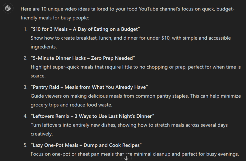 List of video content ideas in ChatGPT