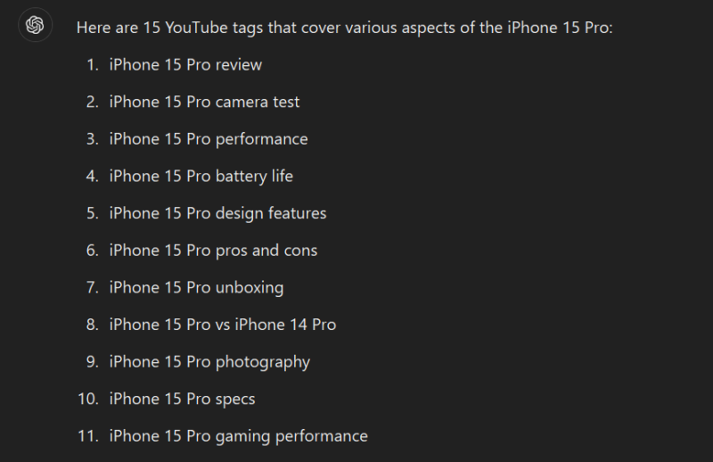 ChatGPT listing video tags for YouTube