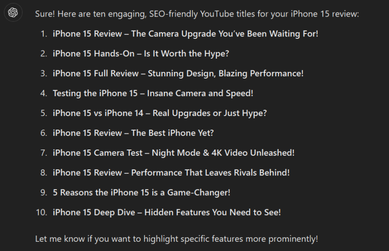 ChatGPT list video title ideas for YouTube