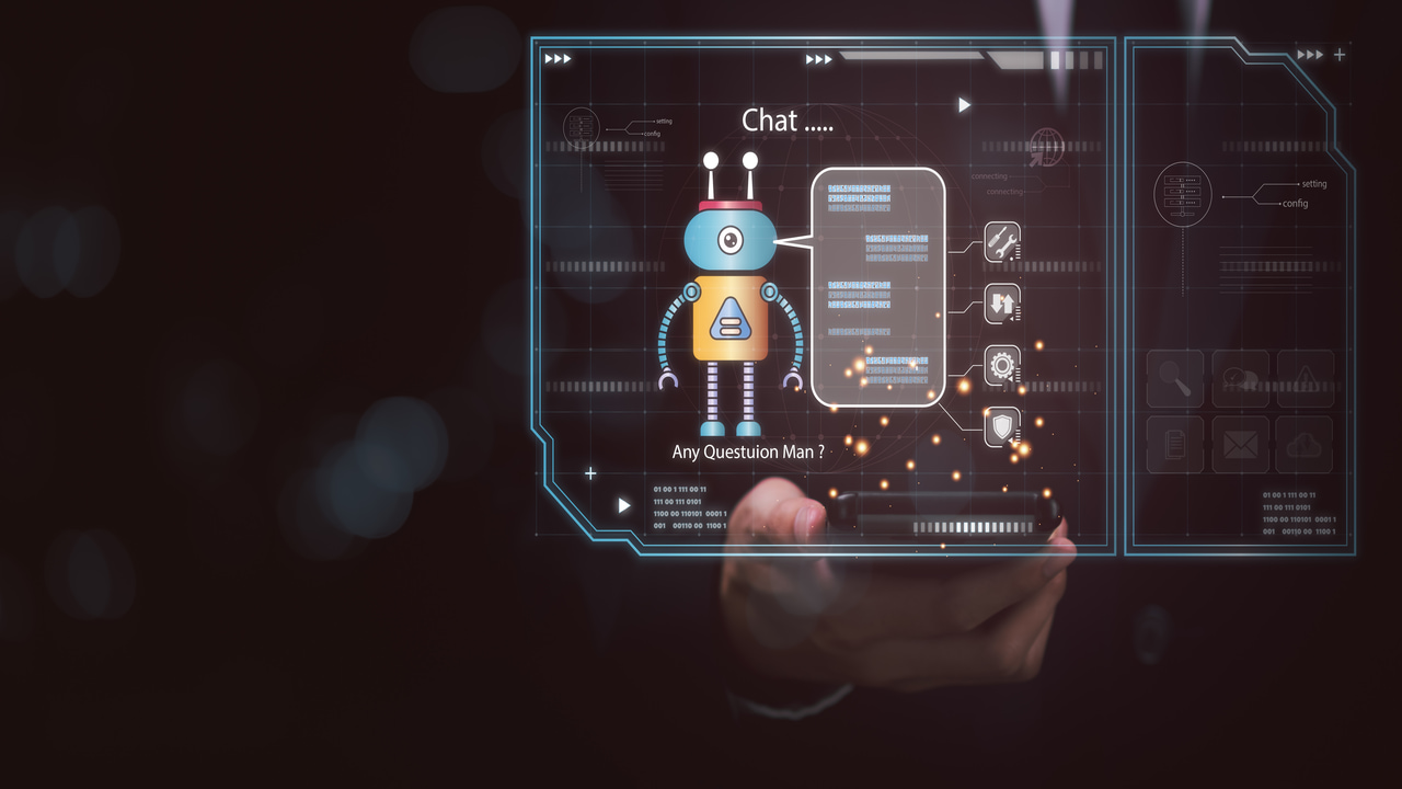 phone in hand with hologram of a bot chatting