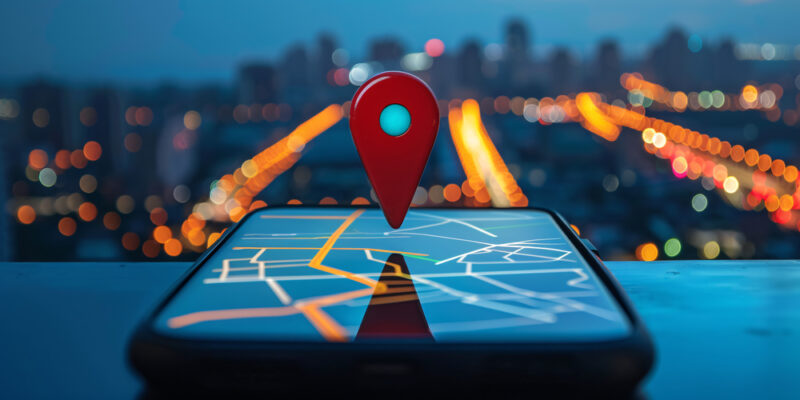 location ping on smartphone with city in background