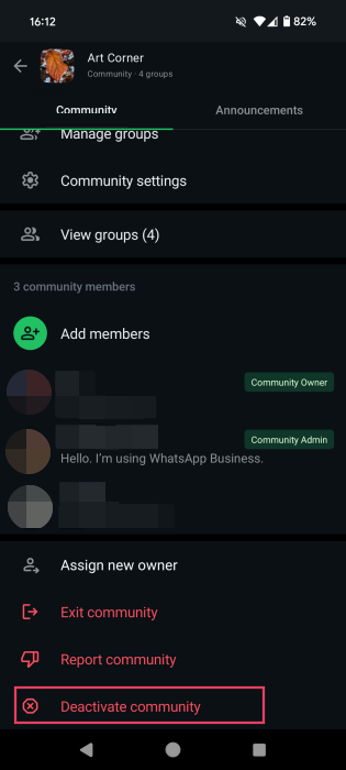 Pressing on the "Deactivate community" option in WhatsApp on mobile. 