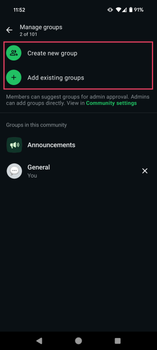 Opting to "Create new group" or "Add existing groups" for new WhatsApp Community on mobile. 