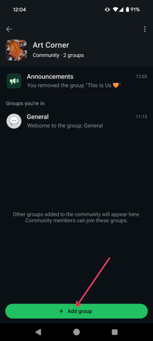 Pressing on "Add group" button in WhatsApp Community on mobile.
