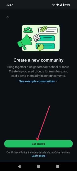 Tapping on the "Get started" button in WhatsApp on mobile. 
