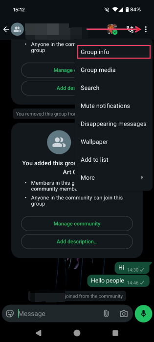 Pressing on "Group info" option in WhatsApp on mobile. 