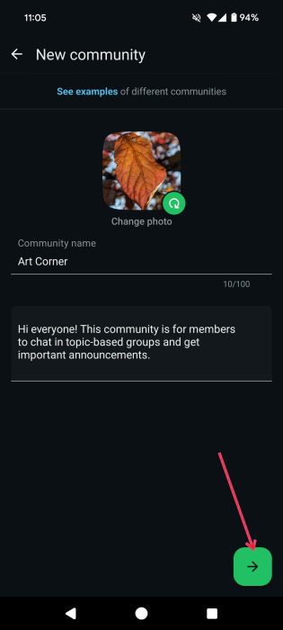 Tapping on Next button after adding profile picture and description for new community in WhatsApp on mobile. 