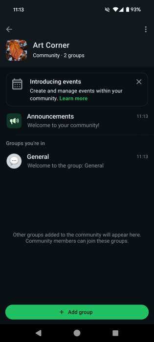 View of new Community page on WhatsApp on mobile. 