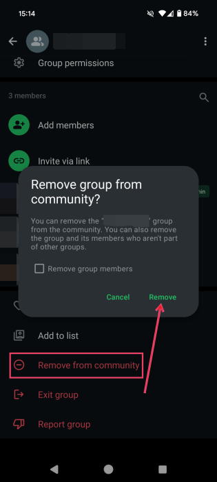 Confirming group deletion from Community in WhatsApp on mobile.