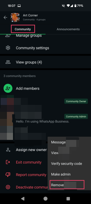 Removing person from Community on WhatsApp on mobile. 