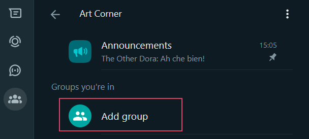 Clicking on "Add group" option in WhatsApp Web.
