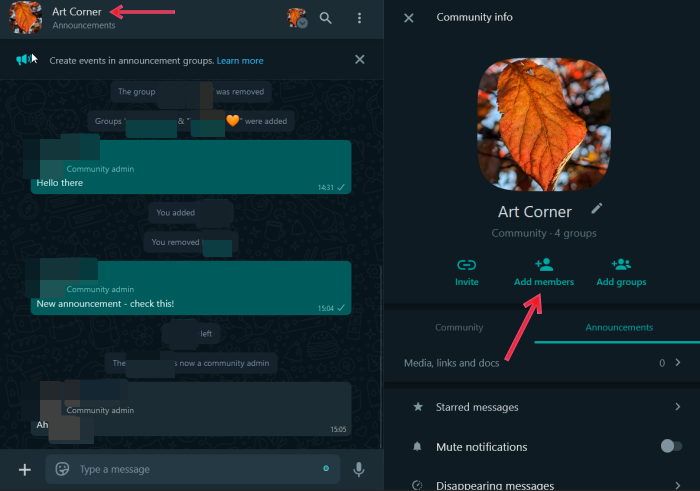 "Adding members" option view in Community on WhatsApp Web.