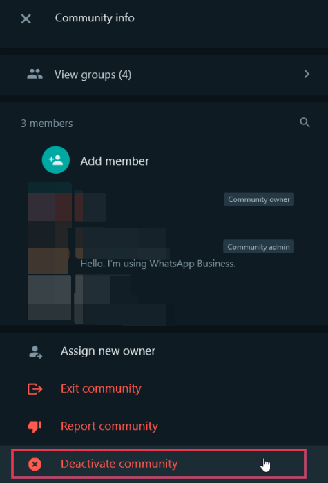 Pressing on "Deactivate Community" option in WhatsApp Web.