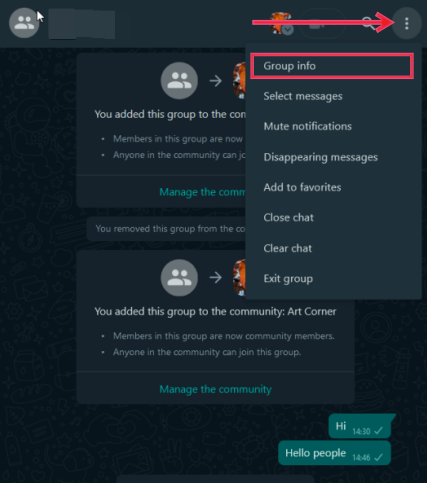 Opting for "Group info" option in Communities on WhatsApp Web 