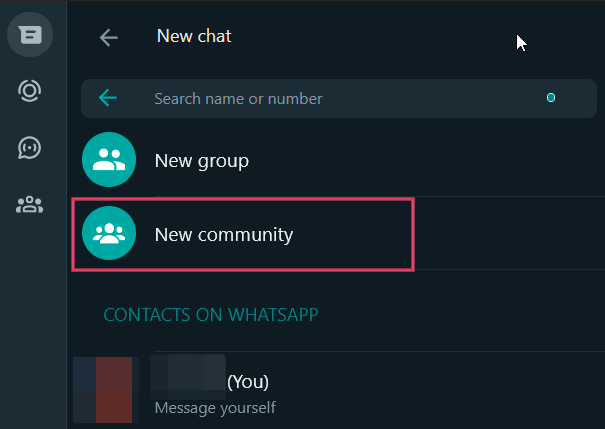 Pressing on the "New community" button in WhatsApp Web. 