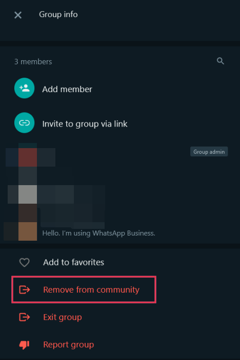 Opting to use "Remove from community" option in WhatsApp Web.